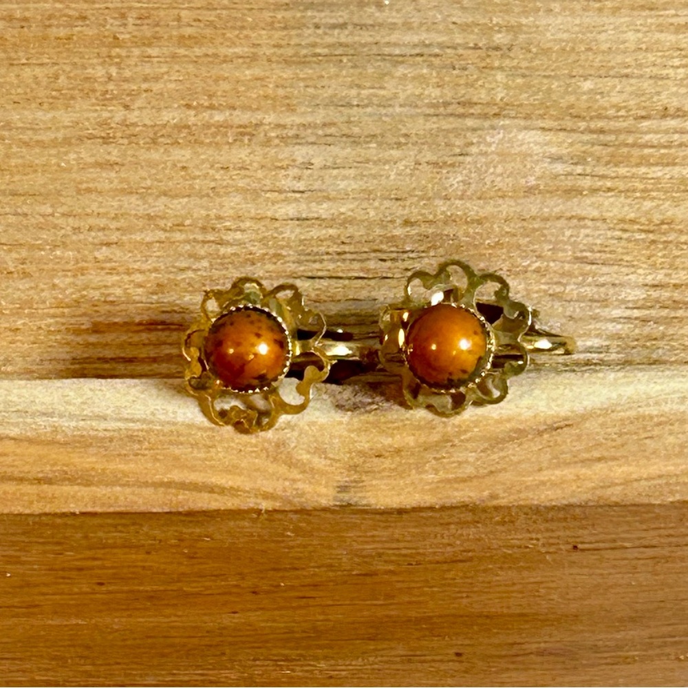 Gold-Tone Floral Amber Cabochon Clip-On Earrings - Women Jewelry